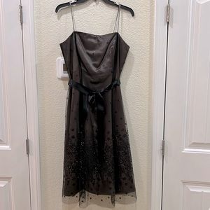 Adrianna Papell Boutique Dress Taupe Lining & Black Sequin Overlay Ribbon Belt